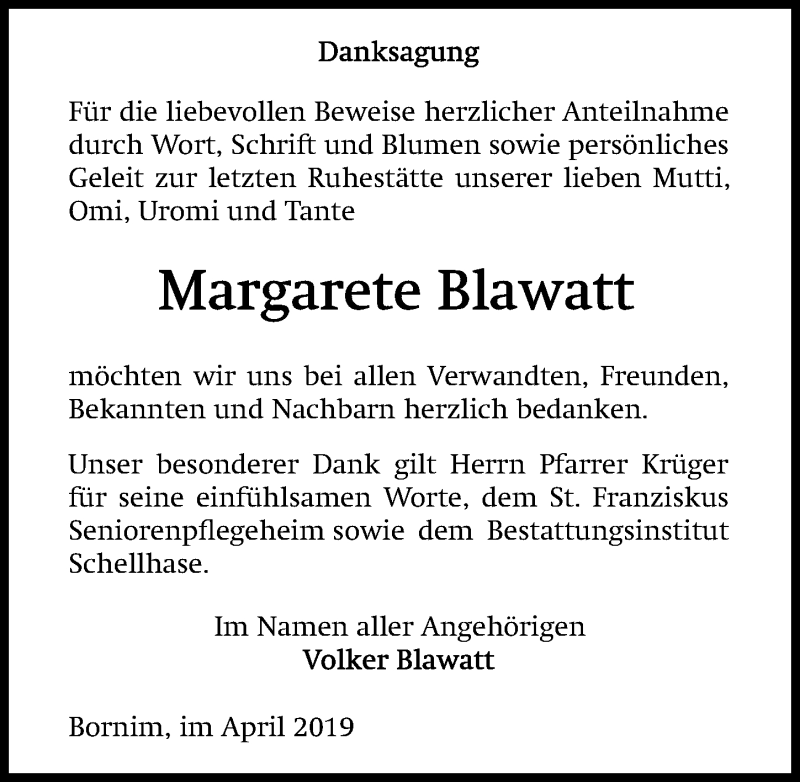  Traueranzeige für Margarete Blawatt vom 13.04.2019 aus Märkischen Allgemeine Zeitung