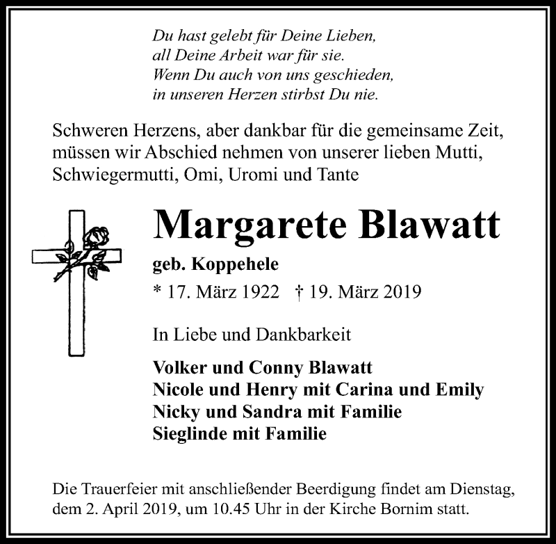  Traueranzeige für Margarete Blawatt vom 23.03.2019 aus Märkischen Allgemeine Zeitung