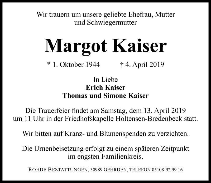 Traueranzeige für Margot Kaiser vom 10.04.2019 aus Hannoversche Allgemeine Zeitung/Neue Presse