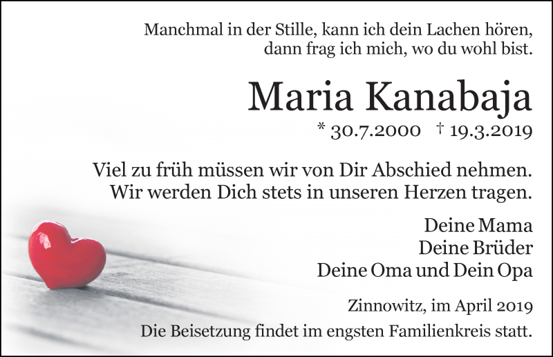  Traueranzeige für Maria Kanabaja vom 06.04.2019 aus Ostsee-Zeitung GmbH