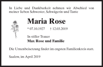Traueranzeige von Maria Rose von Märkischen Allgemeine Zeitung