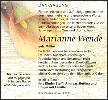 Traueranzeige von Marianne Wende von Leipziger Volkszeitung