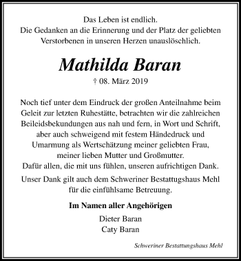 Traueranzeige von Mathilda Baran von Ostsee-Zeitung GmbH