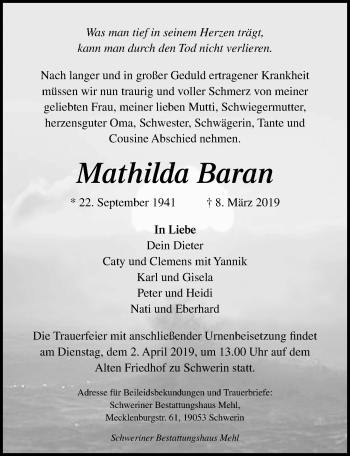 Traueranzeige von Mathilda Baran von Ostsee-Zeitung GmbH