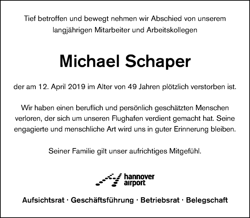  Traueranzeige für Michael Schaper vom 20.04.2019 aus Hannoversche Allgemeine Zeitung/Neue Presse