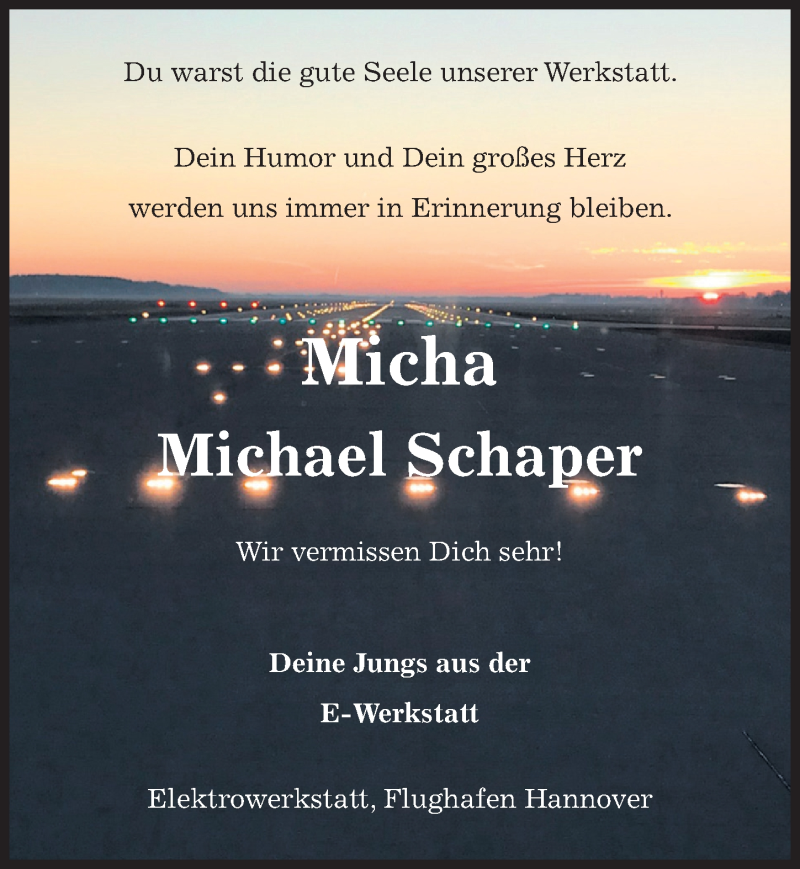  Traueranzeige für Michael Schaper vom 20.04.2019 aus Hannoversche Allgemeine Zeitung/Neue Presse