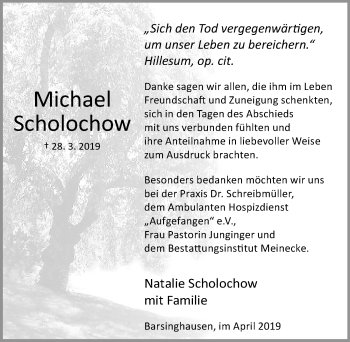 Traueranzeige von Michael Scholochow von Hannoversche Allgemeine Zeitung/Neue Presse