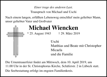 Traueranzeige von Michael Wiencken von Lübecker Nachrichten