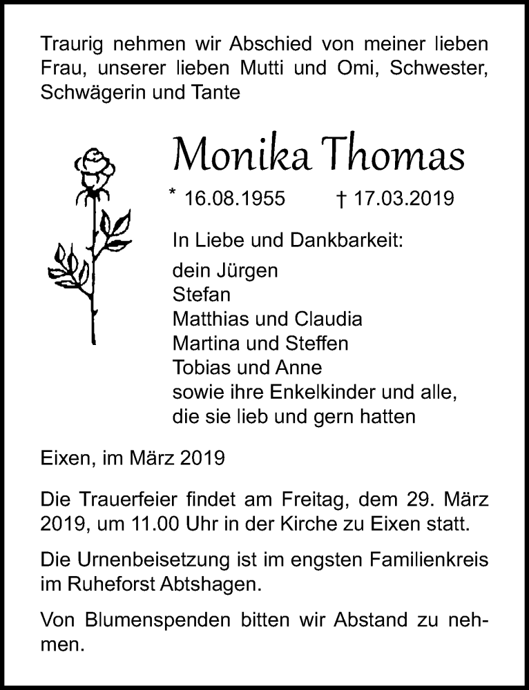  Traueranzeige für Monika Thomas vom 23.03.2019 aus Ostsee-Zeitung GmbH