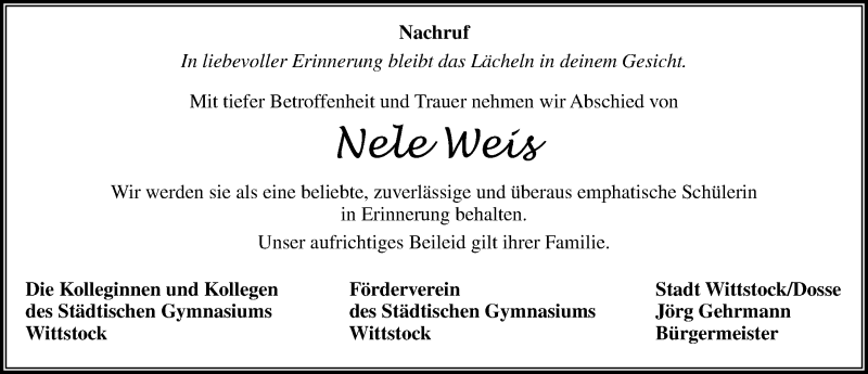  Traueranzeige für Nele Weis vom 23.03.2019 aus Märkischen Allgemeine Zeitung