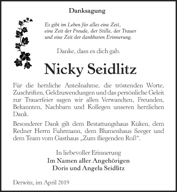 Traueranzeige von Nicky Seidlitz von Märkischen Allgemeine Zeitung