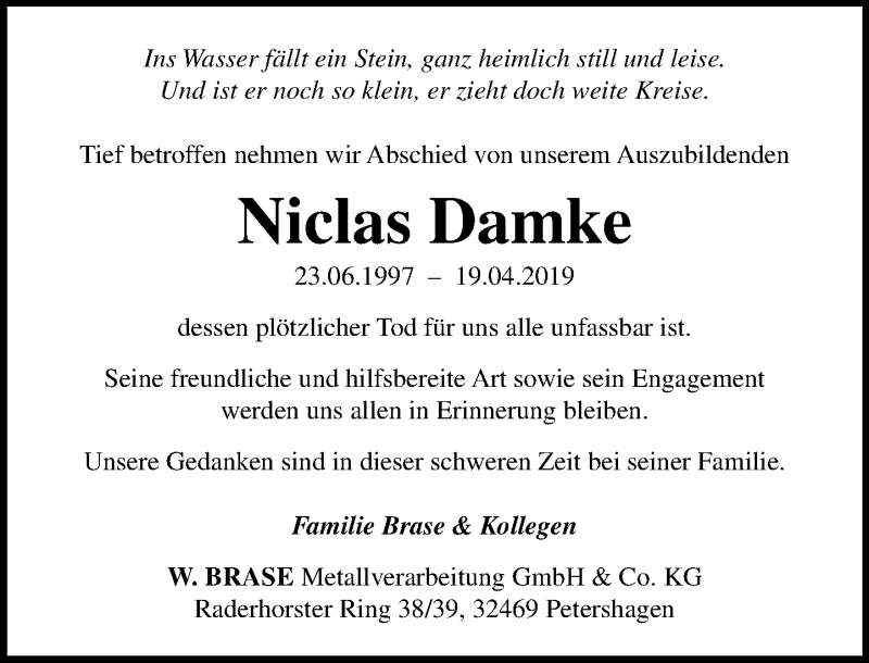  Traueranzeige für Niclas Damke vom 25.04.2019 aus Schaumburger Nachrichten