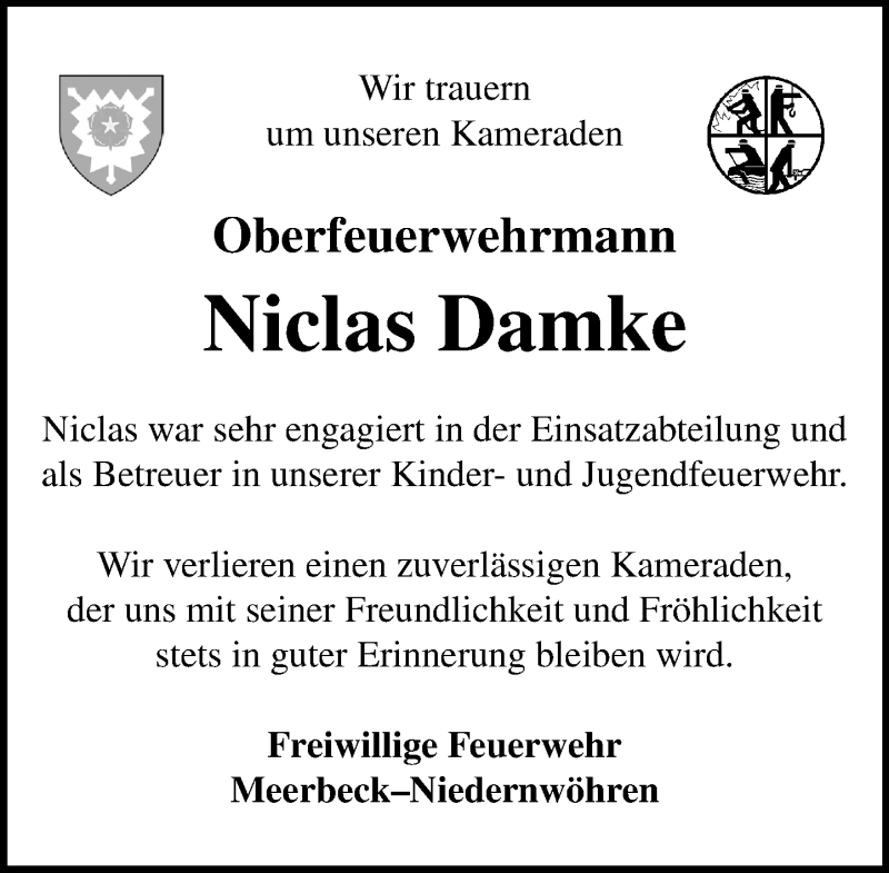  Traueranzeige für Niclas Damke vom 25.04.2019 aus Schaumburger Nachrichten