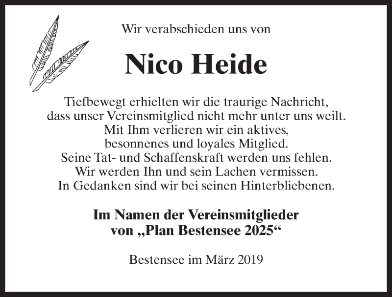  Traueranzeige für Nico Heide vom 06.04.2019 aus Märkischen Allgemeine Zeitung