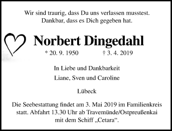 Traueranzeige von Norbert Dingedahl von Lübecker Nachrichten