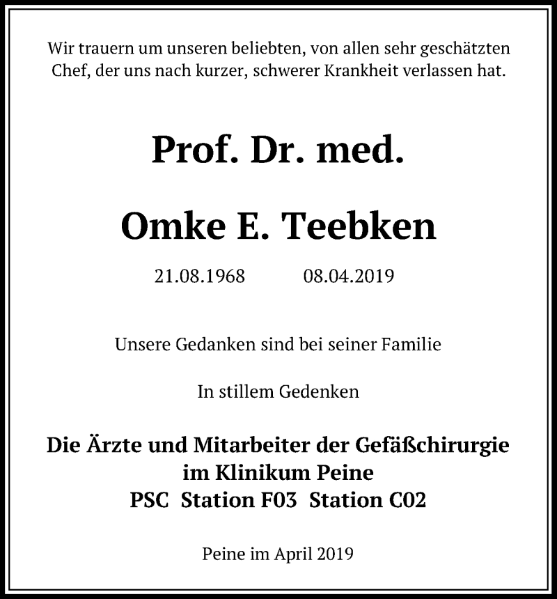  Traueranzeige für Omke E. Teebken vom 13.04.2019 aus Peiner Allgemeine Zeitung
