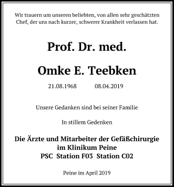 Traueranzeige von Omke E. Teebken von Peiner Allgemeine Zeitung