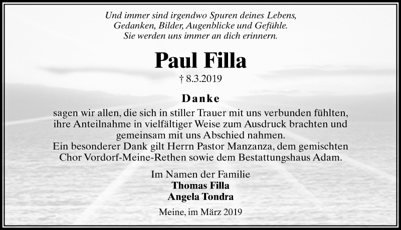  Traueranzeige für Paul Filla vom 30.03.2019 aus Aller Zeitung