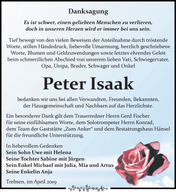 Traueranzeige von Peter Isaak von Leipziger Volkszeitung