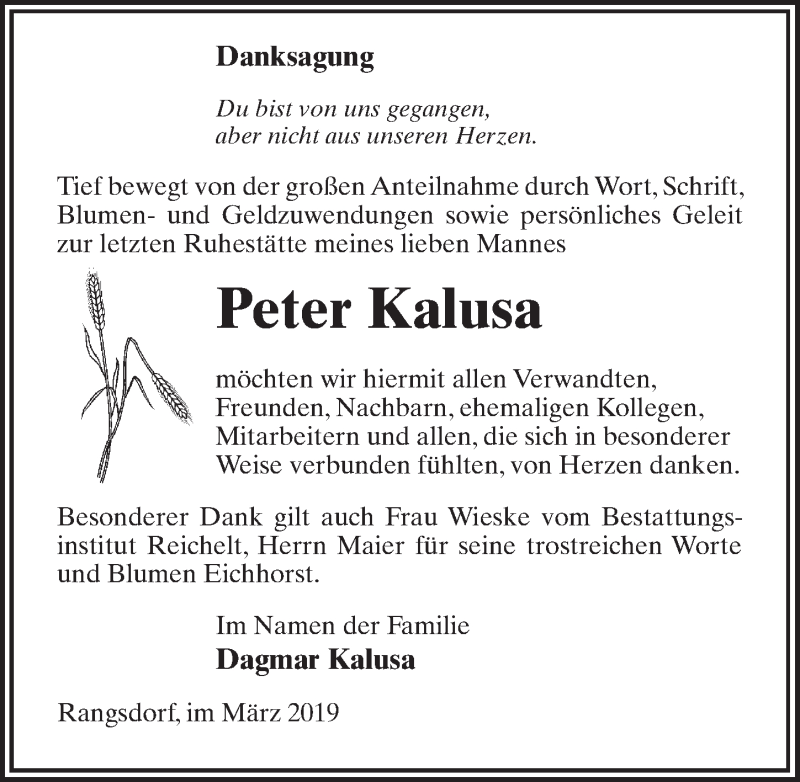  Traueranzeige für Peter Kalusa vom 23.03.2019 aus Märkischen Allgemeine Zeitung