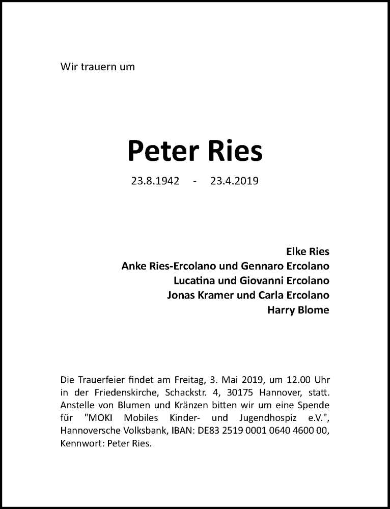  Traueranzeige für Peter Ries vom 30.04.2019 aus Hannoversche Allgemeine Zeitung/Neue Presse