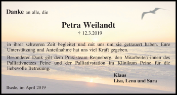 Traueranzeige von Petra Weilandt von Peiner Allgemeine Zeitung