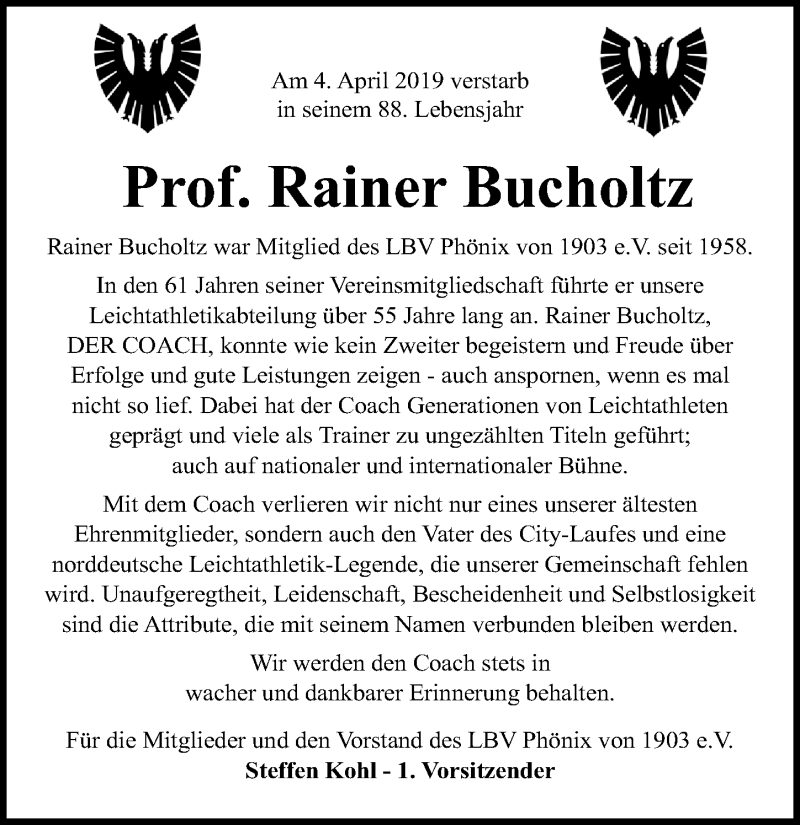  Traueranzeige für Rainer Bucholtz vom 10.04.2019 aus Lübecker Nachrichten