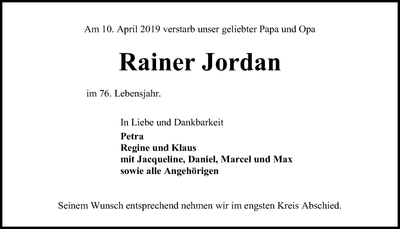  Traueranzeige für Rainer Jordan vom 13.04.2019 aus Kieler Nachrichten