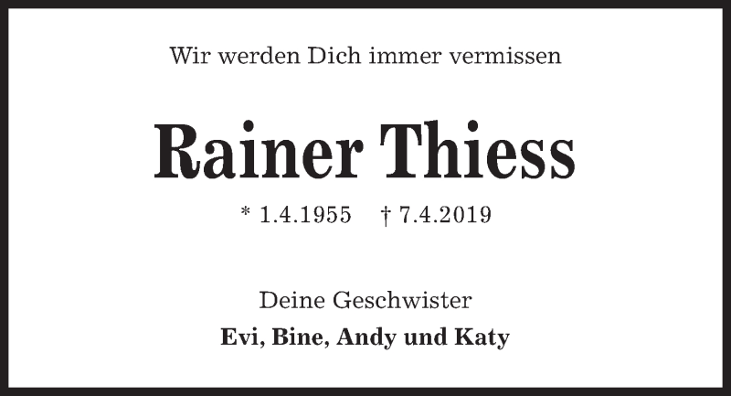  Traueranzeige für Rainer Thiess vom 13.04.2019 aus Kieler Nachrichten