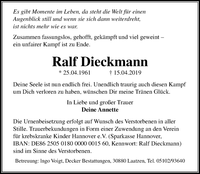  Traueranzeige für Ralf Dieckmann vom 20.04.2019 aus Hannoversche Allgemeine Zeitung/Neue Presse