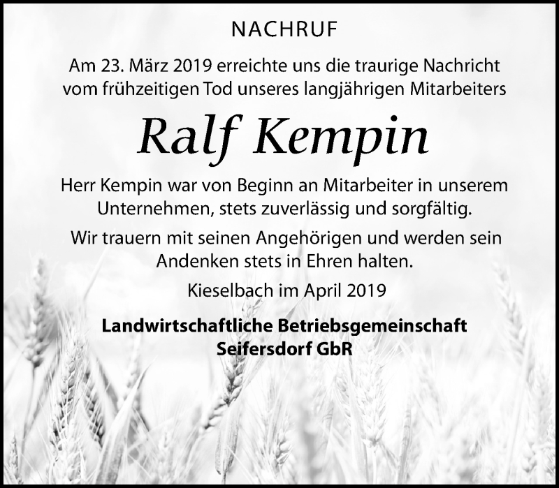  Traueranzeige für Ralf Kempin vom 03.04.2019 aus Leipziger Volkszeitung