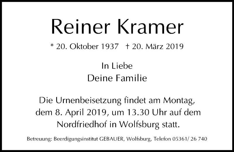  Traueranzeige für Reiner Kramer vom 30.03.2019 aus Aller Zeitung