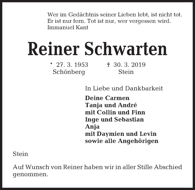  Traueranzeige für Reiner Schwarten vom 17.04.2019 aus Kieler Nachrichten