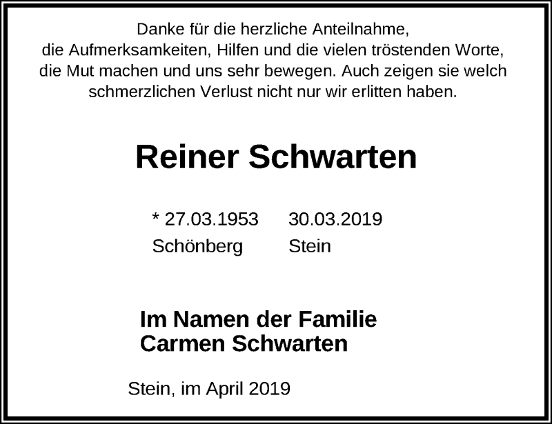  Traueranzeige für Reiner Schwarten vom 27.04.2019 aus Kieler Nachrichten