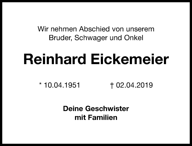  Traueranzeige für Reinhard Eickemeier vom 13.04.2019 aus Göttinger Tageblatt