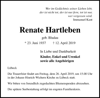 Traueranzeige von Renate Hartleben von Lübecker Nachrichten