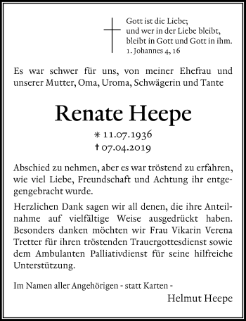 Traueranzeige von Renate Heepe von Göttinger Tageblatt