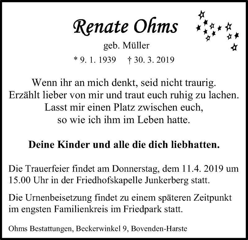  Traueranzeige für Renate Ohms vom 06.04.2019 aus Göttinger Tageblatt