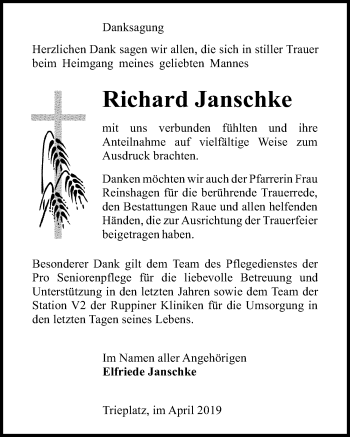 Traueranzeige von Richard Janschke von Märkischen Allgemeine Zeitung