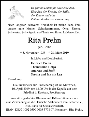 Traueranzeige von Rita Prehn von Lübecker Nachrichten