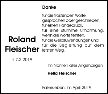 Traueranzeige von Roland Fleischer von Aller Zeitung