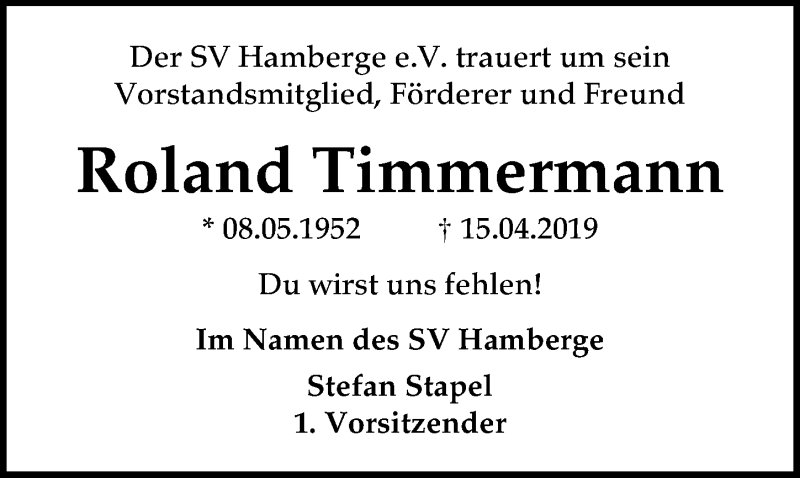  Traueranzeige für Roland Timmermann vom 21.04.2019 aus Lübecker Nachrichten