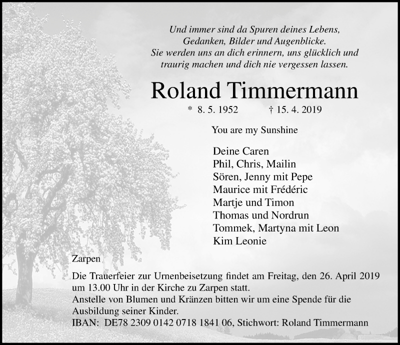  Traueranzeige für Roland Timmermann vom 21.04.2019 aus Lübecker Nachrichten