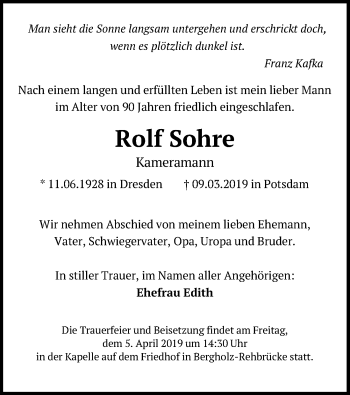 Traueranzeige von Rolf Sohre von Märkischen Allgemeine Zeitung