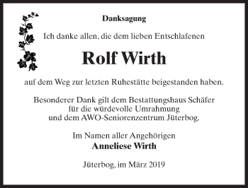 Traueranzeige von Rolf Wirth von Märkischen Allgemeine Zeitung