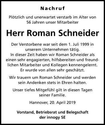 Traueranzeige von Roman Schneider von Hannoversche Allgemeine Zeitung/Neue Presse