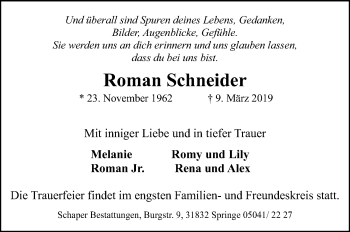 Traueranzeige von Roman Schneider von Hannoversche Allgemeine Zeitung/Neue Presse