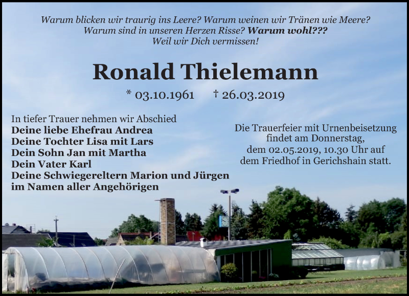  Traueranzeige für Ronald Thielemann vom 06.04.2019 aus Leipziger Volkszeitung