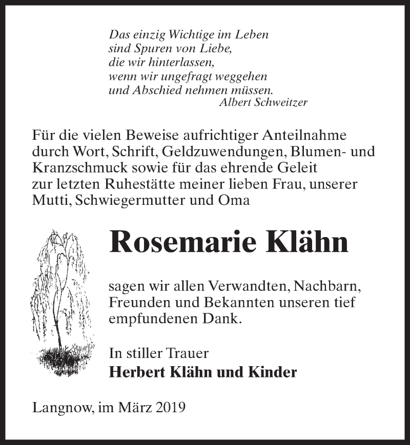  Traueranzeige für Rosemarie Klähn vom 06.04.2019 aus Märkischen Allgemeine Zeitung