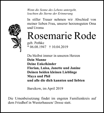 Traueranzeige von Rosemarie Rode von Märkischen Allgemeine Zeitung